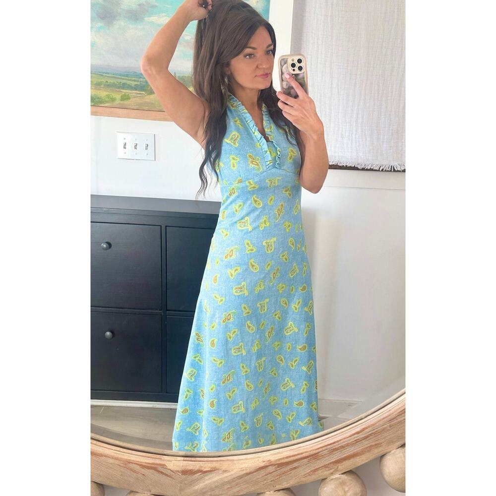 60’s 70’s D Lang Fashions ILGWU Blue Paisley Ruffle Neck Maxi Dress
